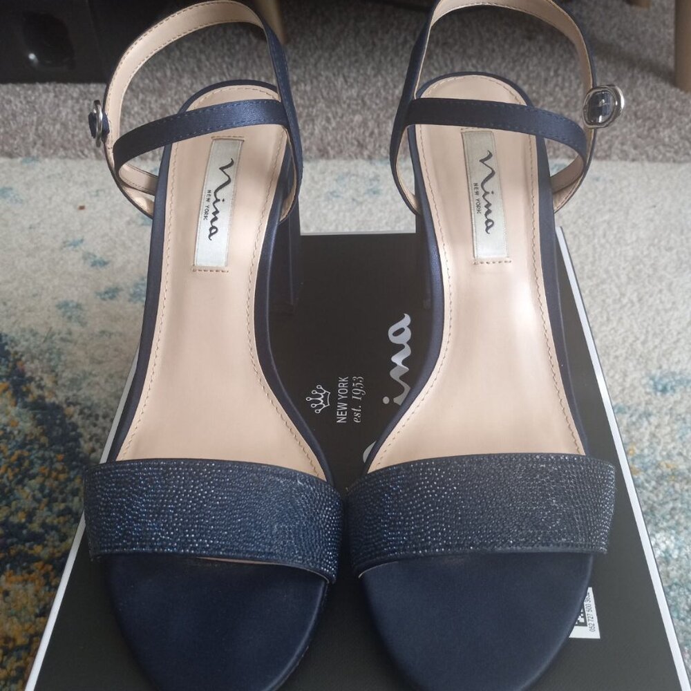 Navy Blue Nina Haven Luster Satin Block Dress Heels